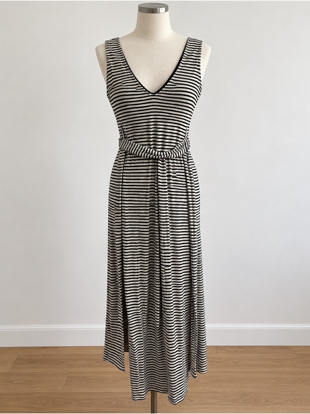 Topshop Black & White Striped Midi Dress with Tie Waist